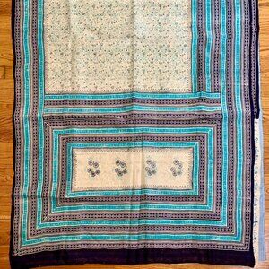 Silk Blend Indian Saree With Floral & Geometric Patterns In Blue & Cream